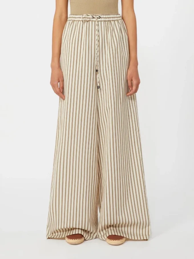 Wide-fit striped cotton and silk canvas trousers, beige