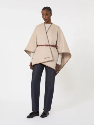 Wool and cashmere cape with belt, sand