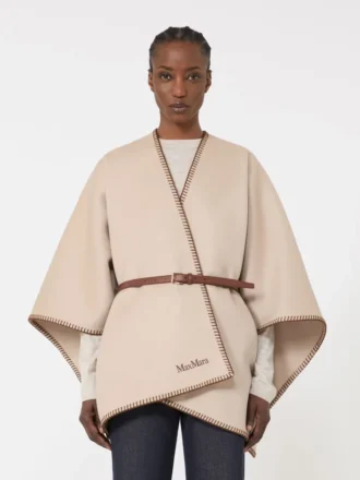 Wool and cashmere cape with belt, sand