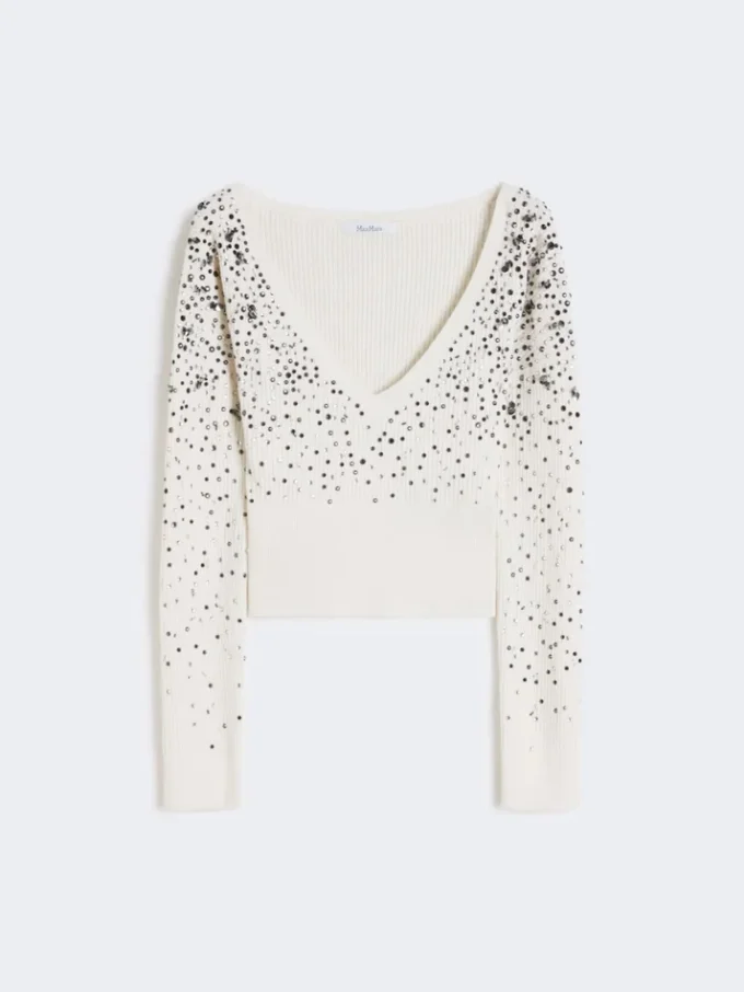 Wool and cashmere v-neck sweater, ivory