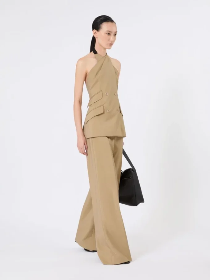Wool and silk poplin sleeveless jacket, camel