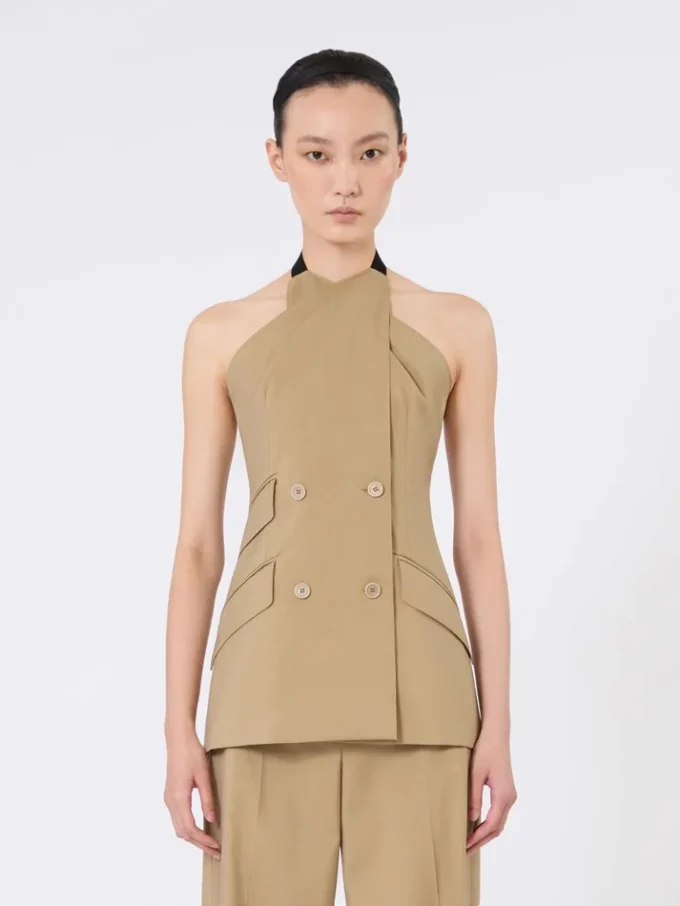 Wool and silk poplin sleeveless jacket, camel