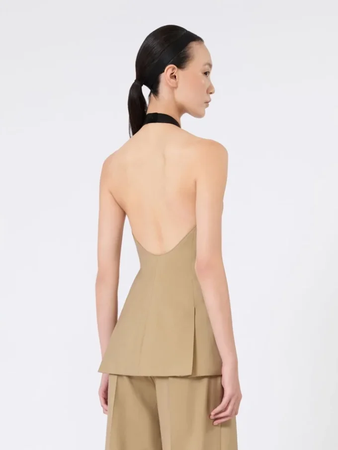 Wool and silk poplin sleeveless jacket, camel